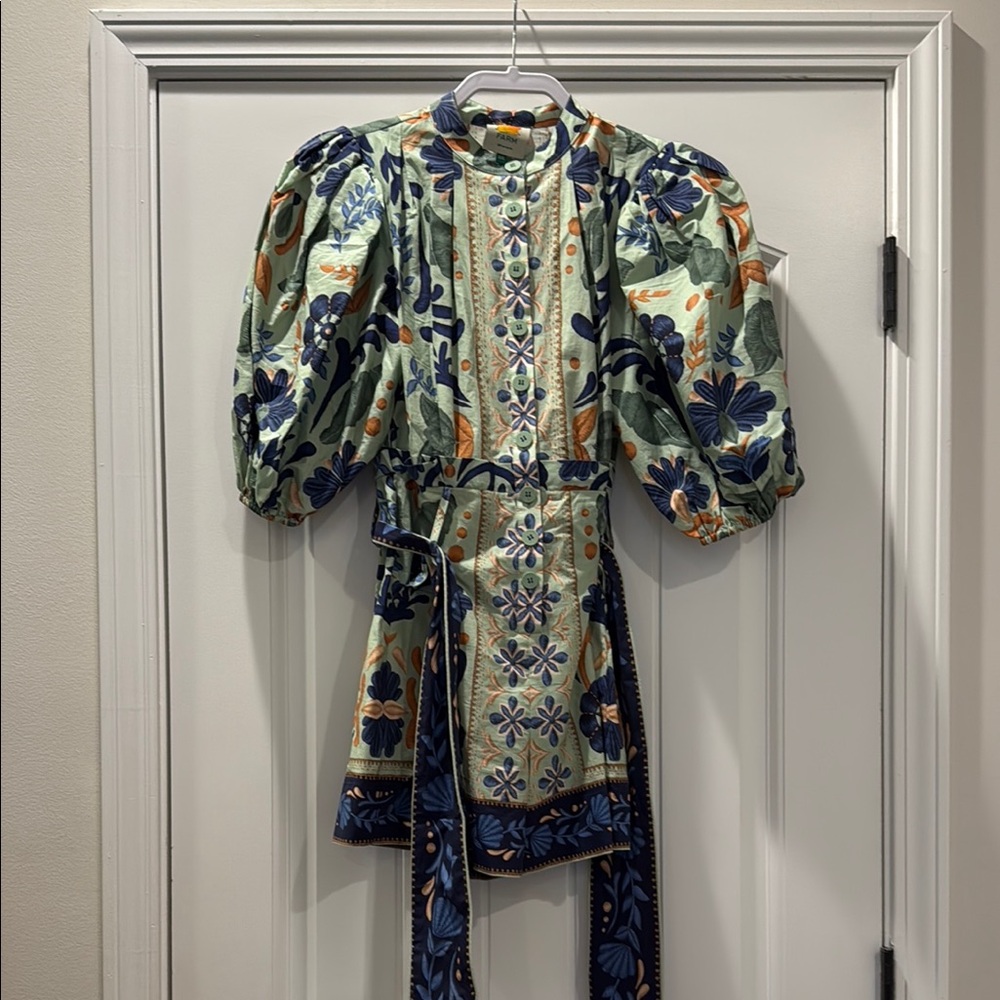 FARM Rio Green and Blue Ornate Jumpsuit with Puff Sleeves
